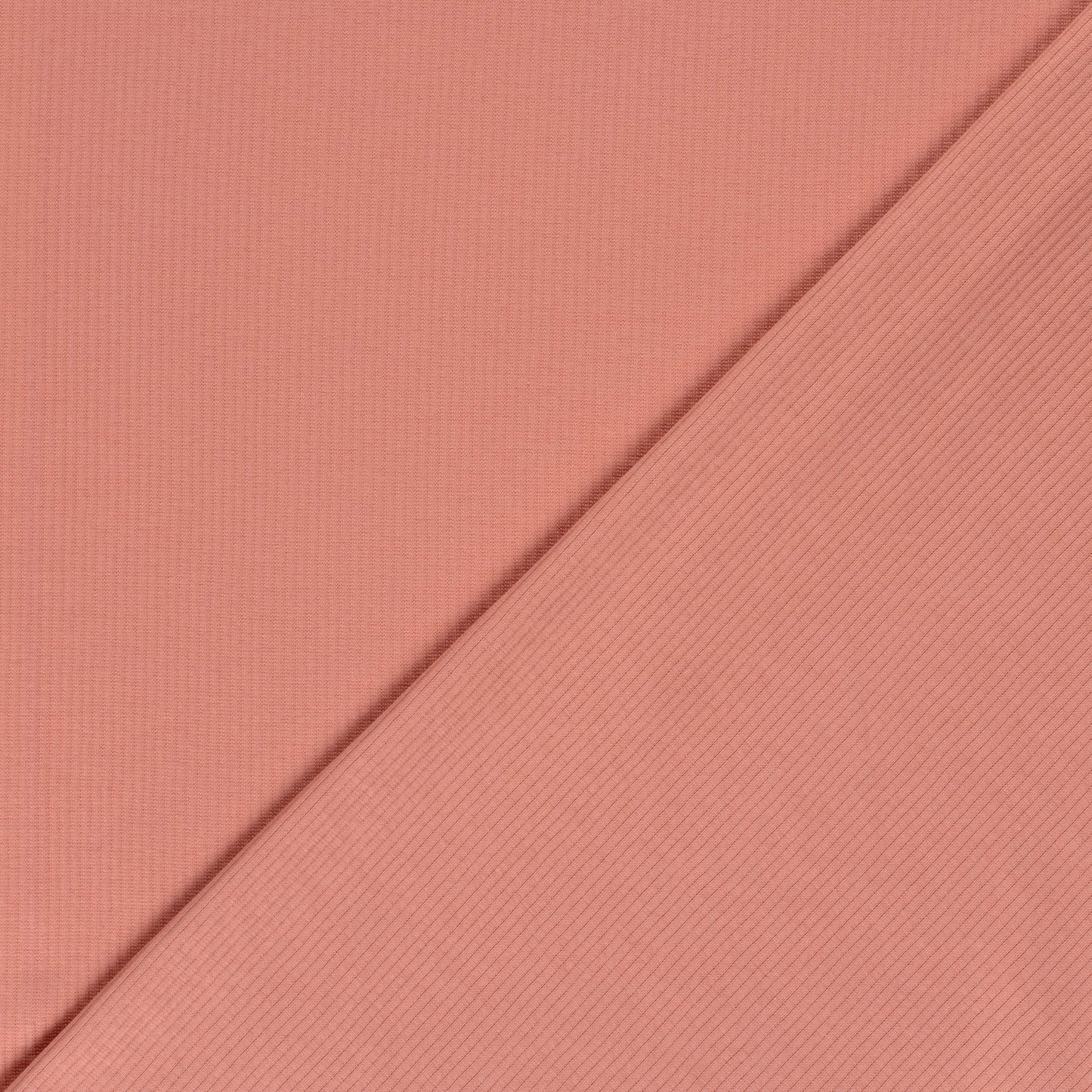 Effen baby rib jersey stof in koraal roze, voorkant en achterkant