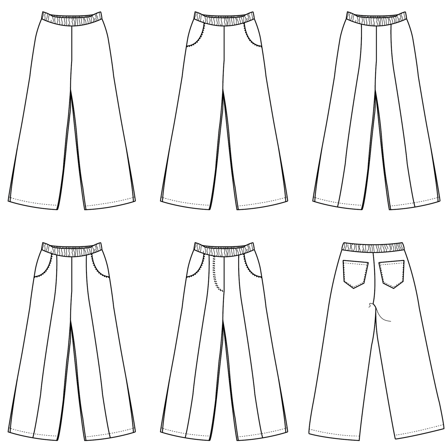 Papieren naaipatroon voor het zelf maken van een loszittende wijd uitlopende broek voor dames en tieners.