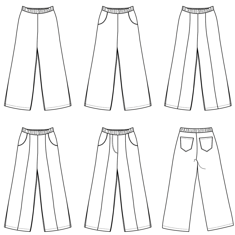 Papieren naaipatroon voor het zelf maken van een wijd uitlopende broek voor kinderen met verschillende opties.