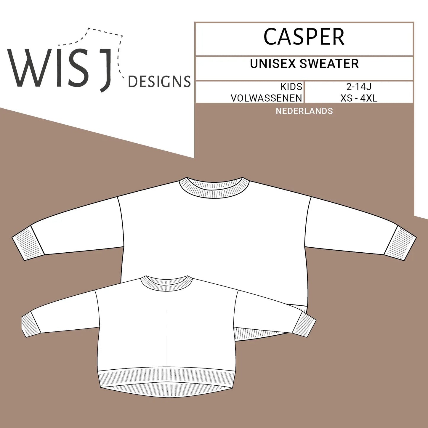 Naaipatroon Casper unisex sweater voor kinderen en volwassenen van WISJ Designs