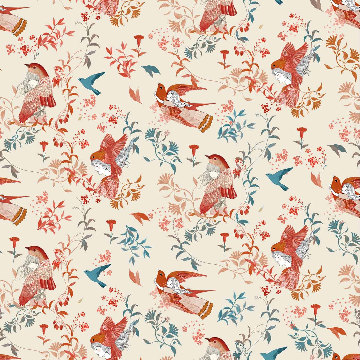 Ecovero viscose stof met bloemen vogels en meisjes erop.