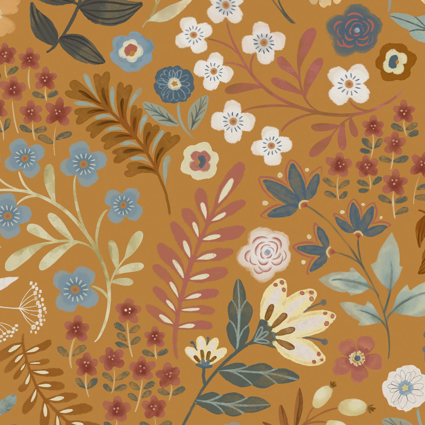 Oker of camel bruine ecovero viscose met bloemenprint.