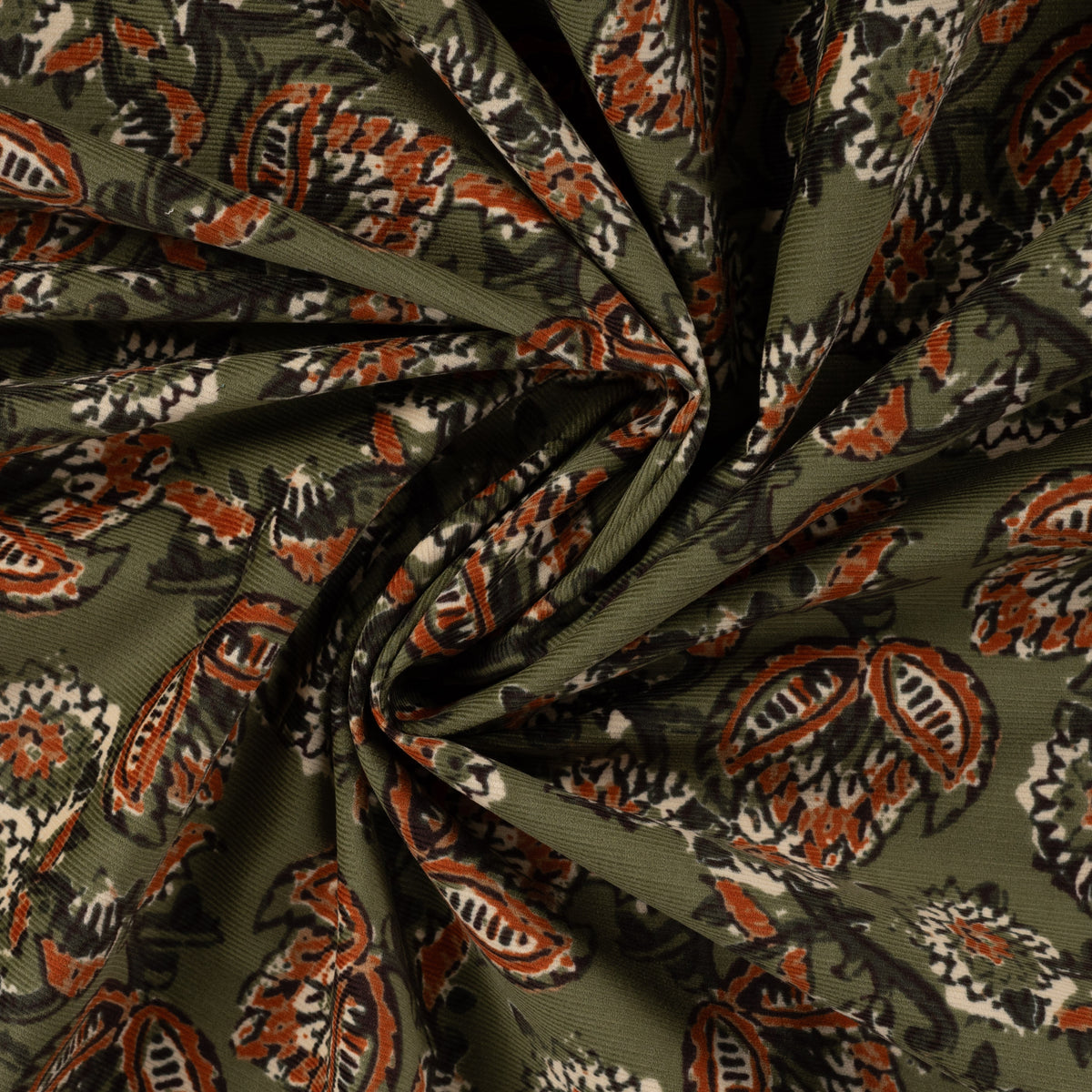 Corduroy babyrib stof met digitale bloemenprint in groen roest