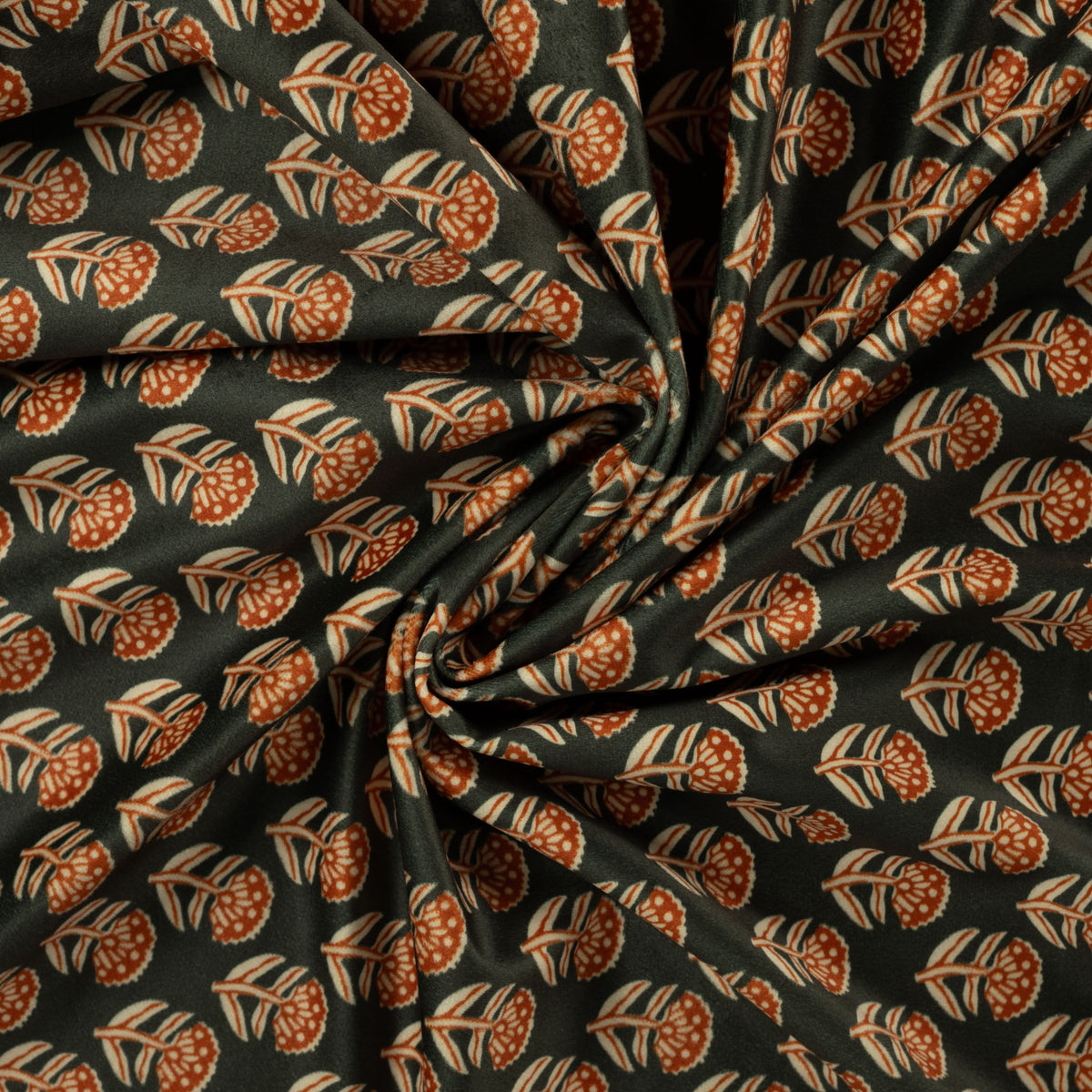 Velours stof met digitale blockprint bloemen in donker mos groen