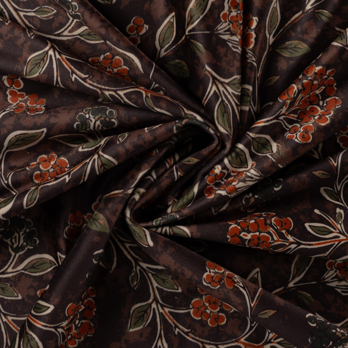 Velours stof met digitale bloemen print in donker bruin