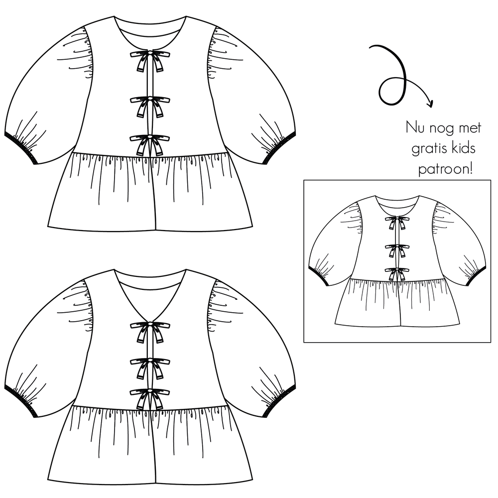 Papieren naaipatroon voor het zelf maken van een blouse met strik sluiting aan de voorkant voor dames tieners en meisjes.