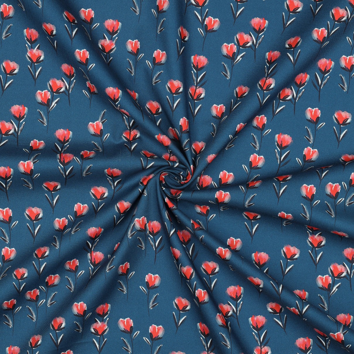 Petrol kleurige fijne katoenen poplin met rode kleine bloemetjes.