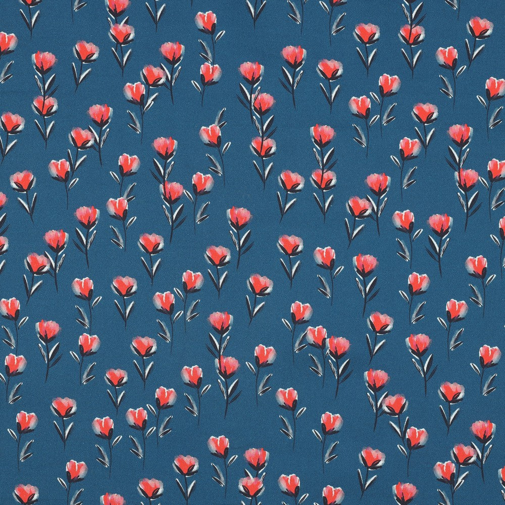 
                  
                    Fijne katoenen poplin in petrol blauwe kleur met rode kleine bloemetjes.
                  
                