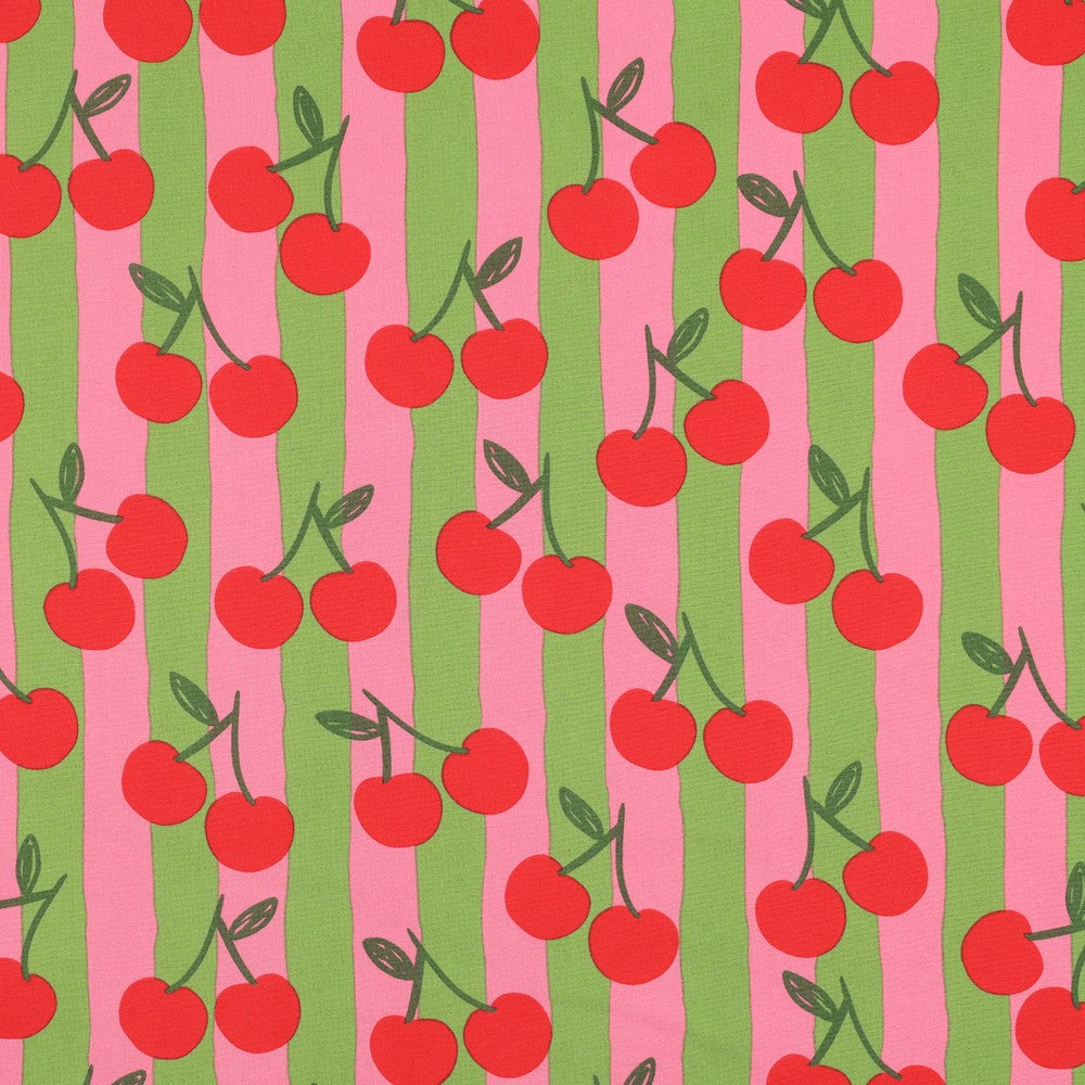 Fijne katoenen poplin met roze en mosgroene strepen en rode kersen.