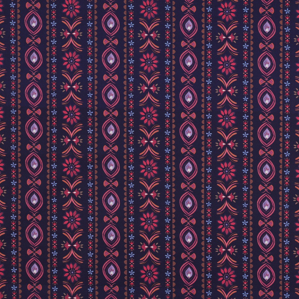 Fine poplin katoen in navy blauw met bohemian bloemen en strepen print.