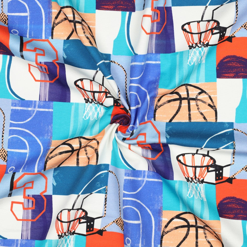 Stoere french terry voor jongens met basketbal afbeeldingen voor een trui en hoodie.