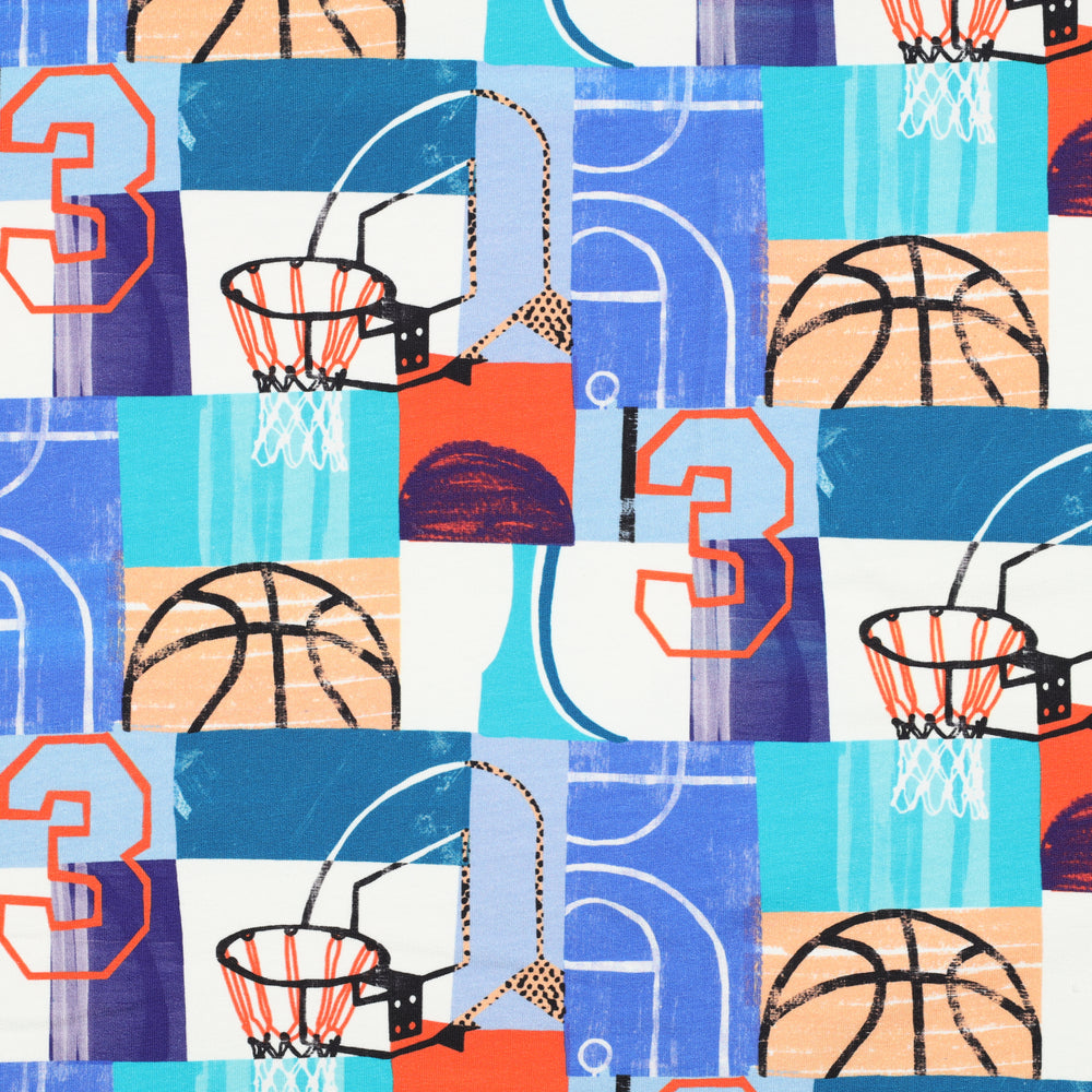 
                  
                    Blauw en oranje french terry geblokte print met basketbal afbeeldingen.
                  
                