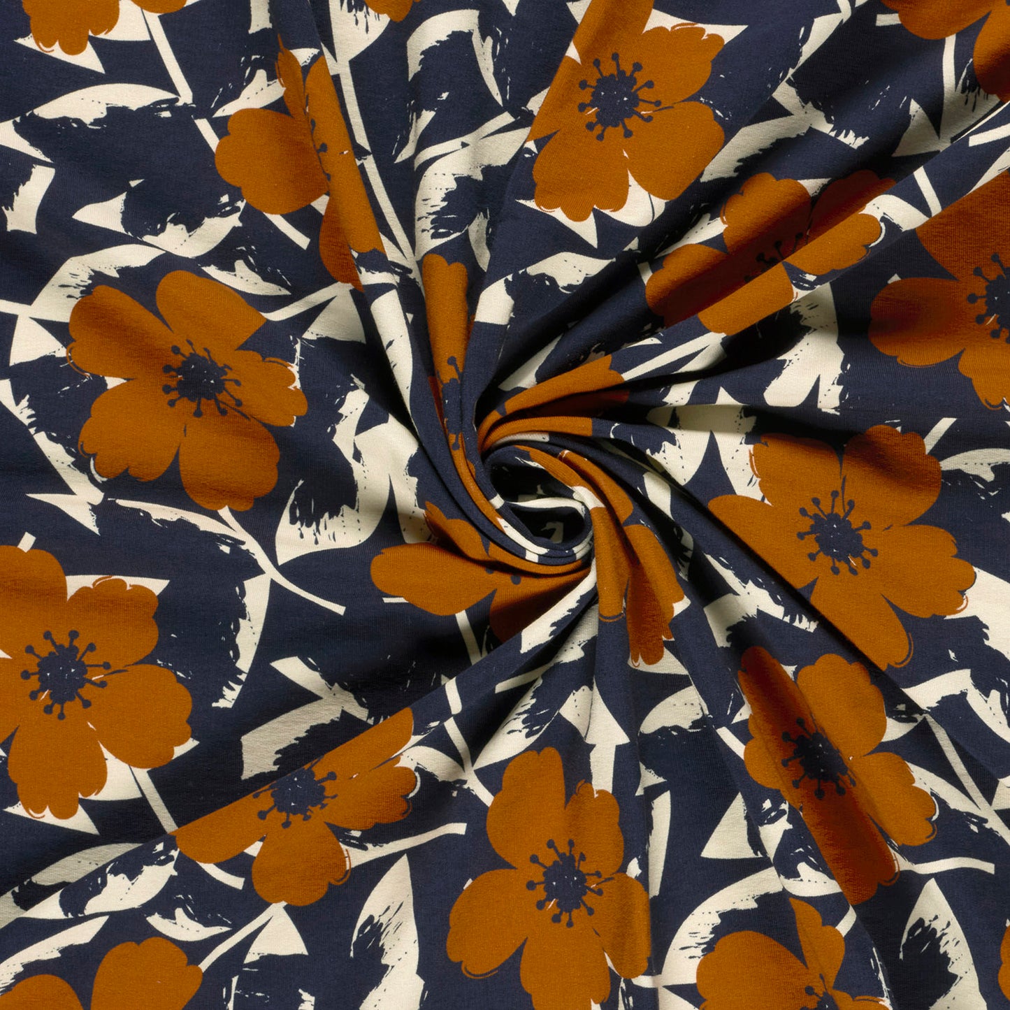 Navy blauwe french terry met bruine bloemen.