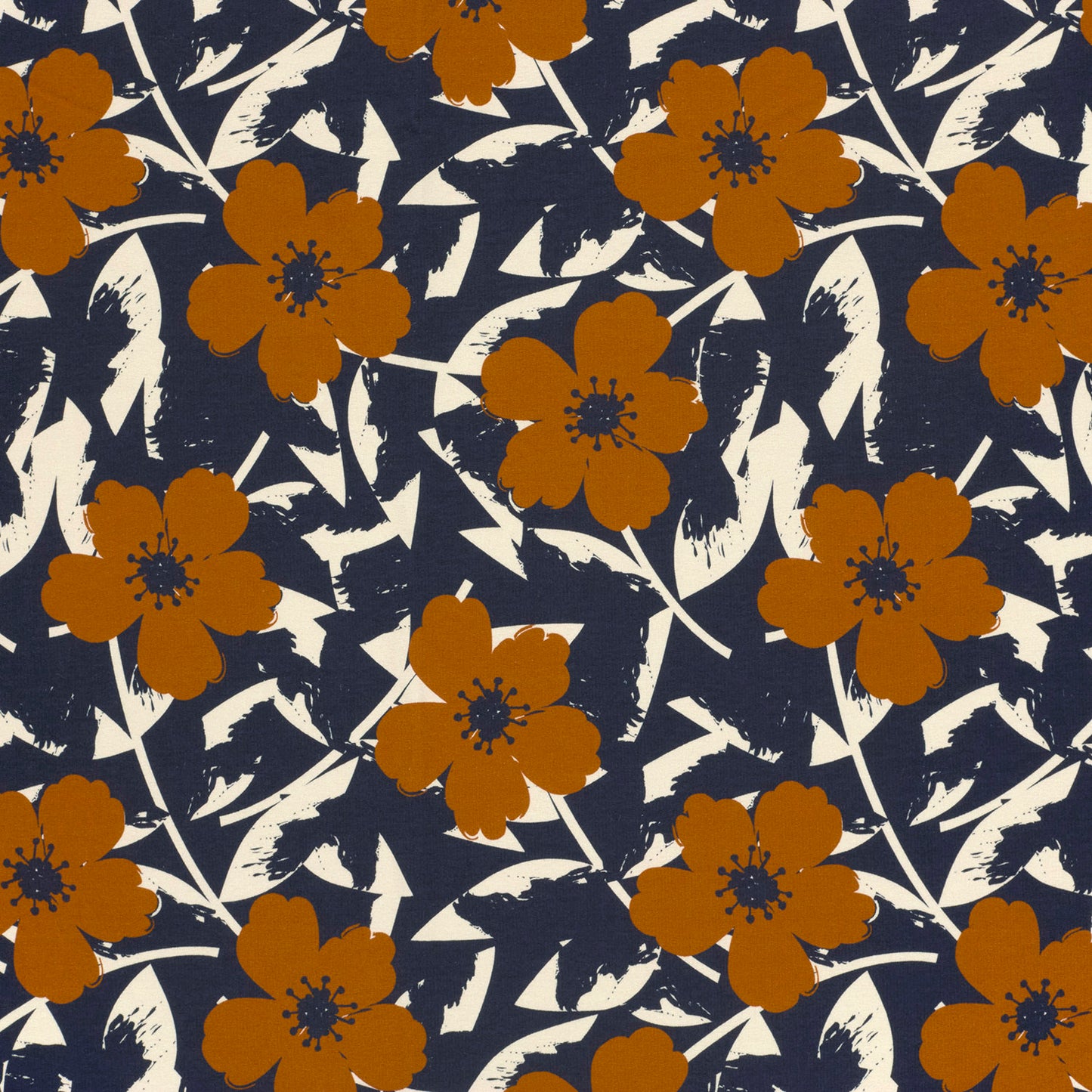 French terry in de kleur marine blauw met bruine bloemen.