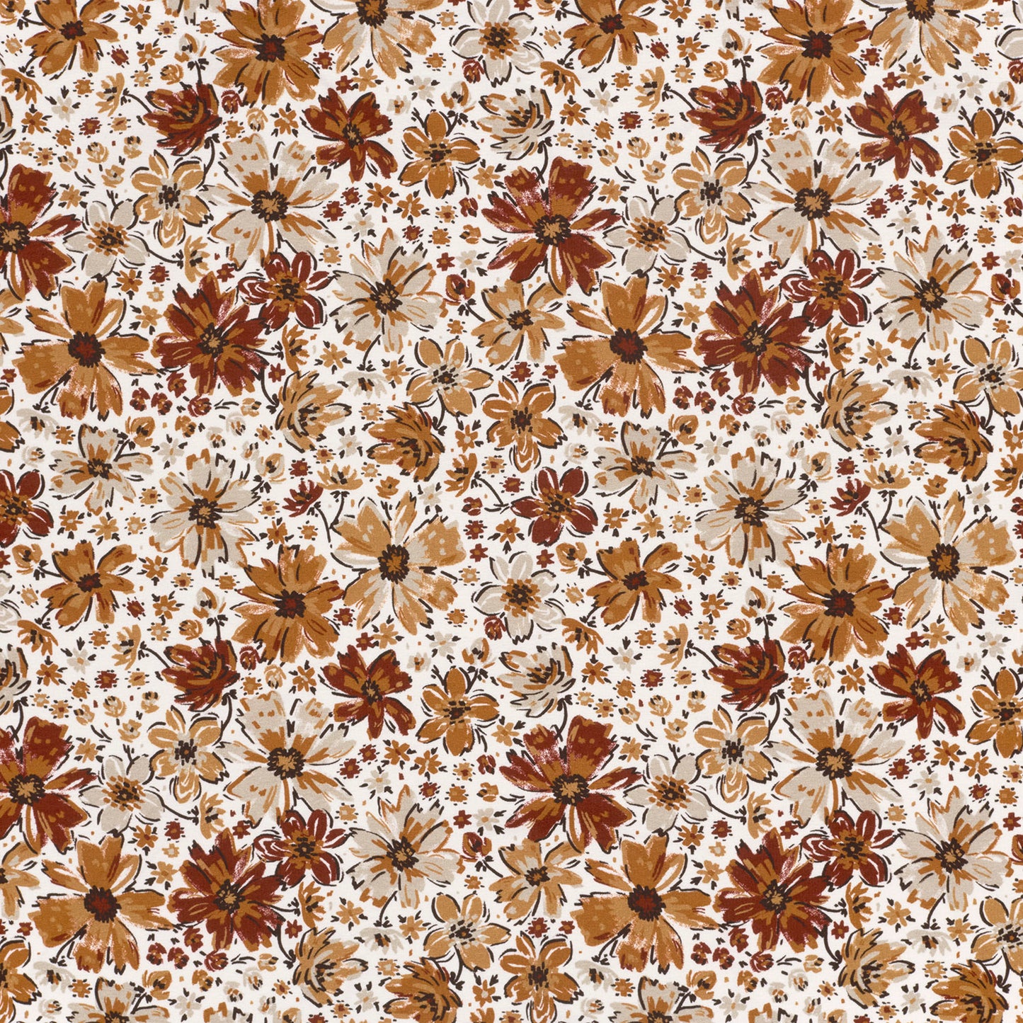 French terry stof in de kleur offwhite met bruine bloemen.