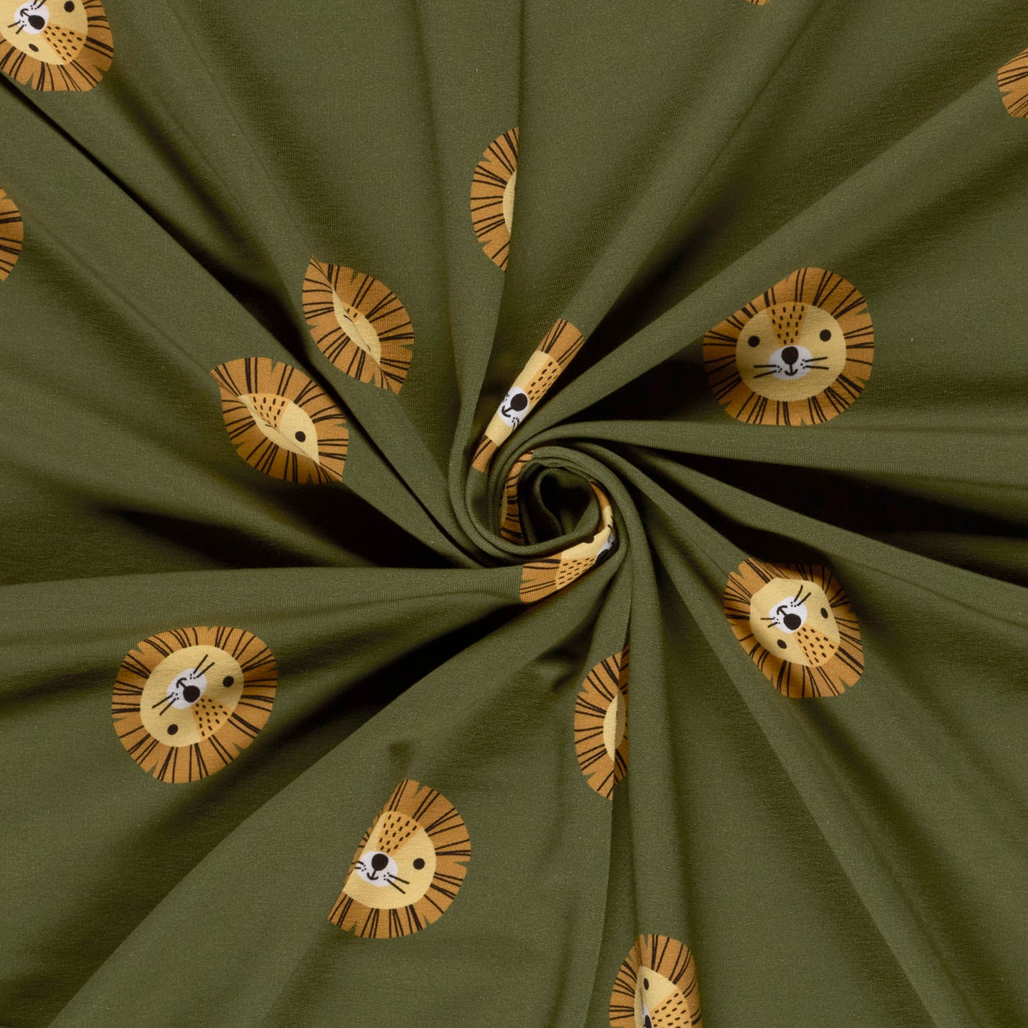 French terry digitaal gedrukt met leeuwen kaki groen.