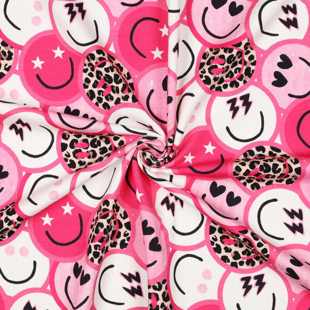 French terry met roze en dierenprint smileys voor een trui of joggingpak.