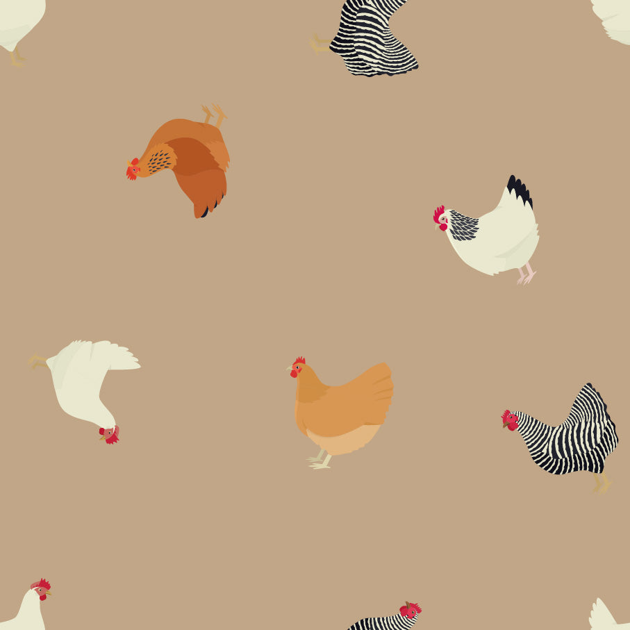 Beige french terry stof met kippen erop.