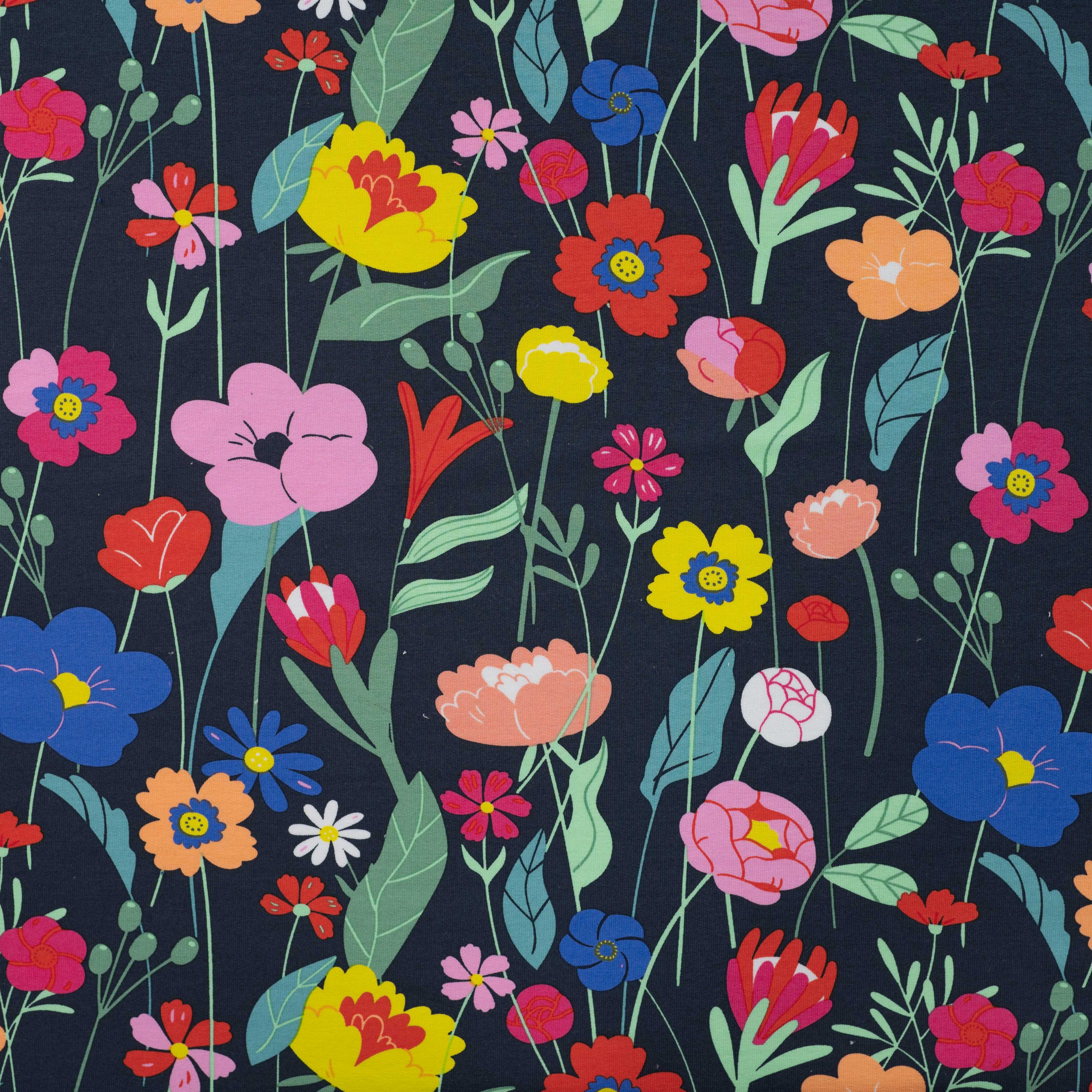 French Terry Stof Bloemen Navy Blauw – Stof & Stijl