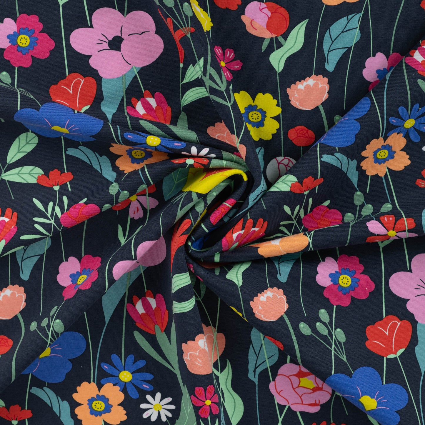 Sweatstof navy blauw met kleurrijke bloemen.