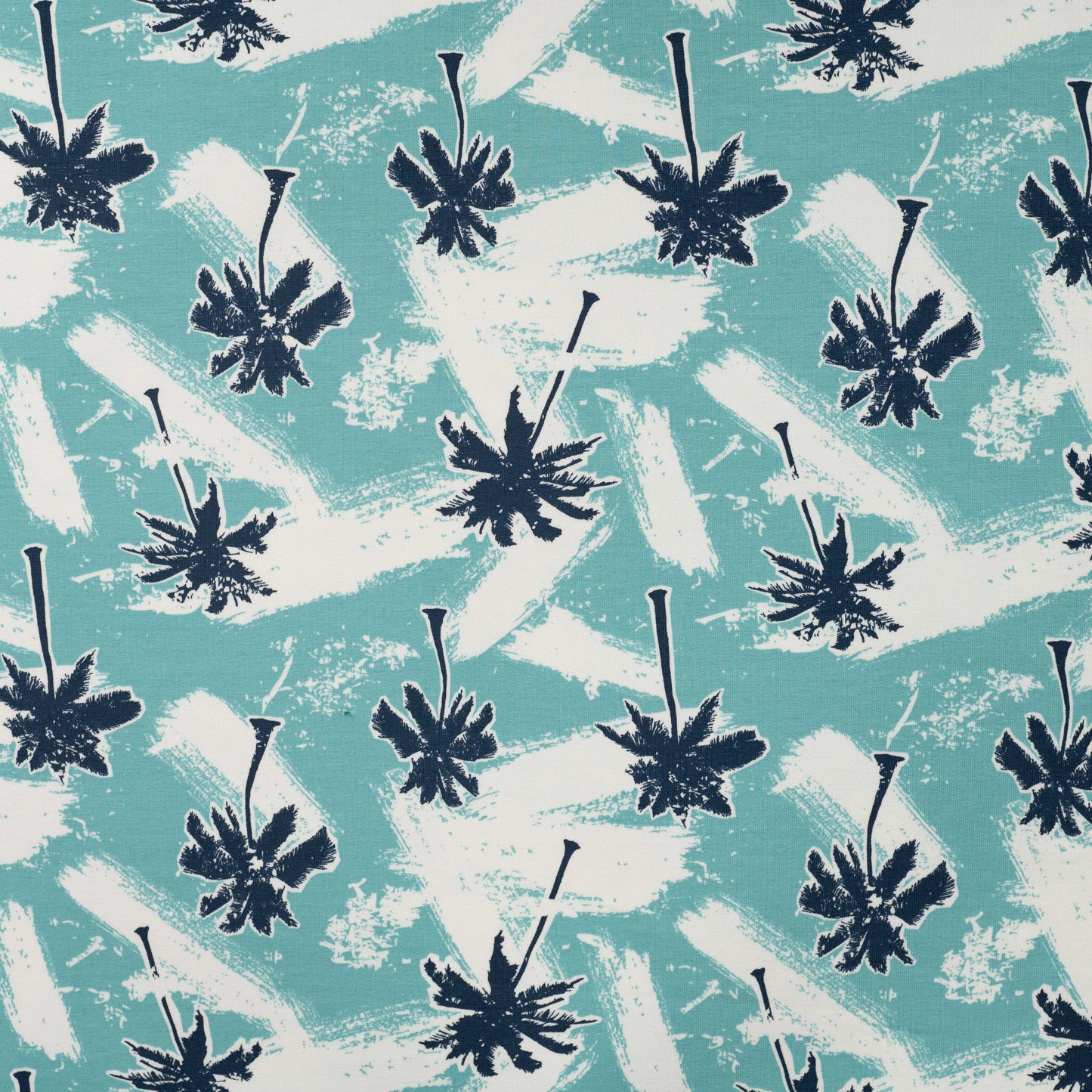 French terry stof zeeblauw met palmboom voor kinderkleding.