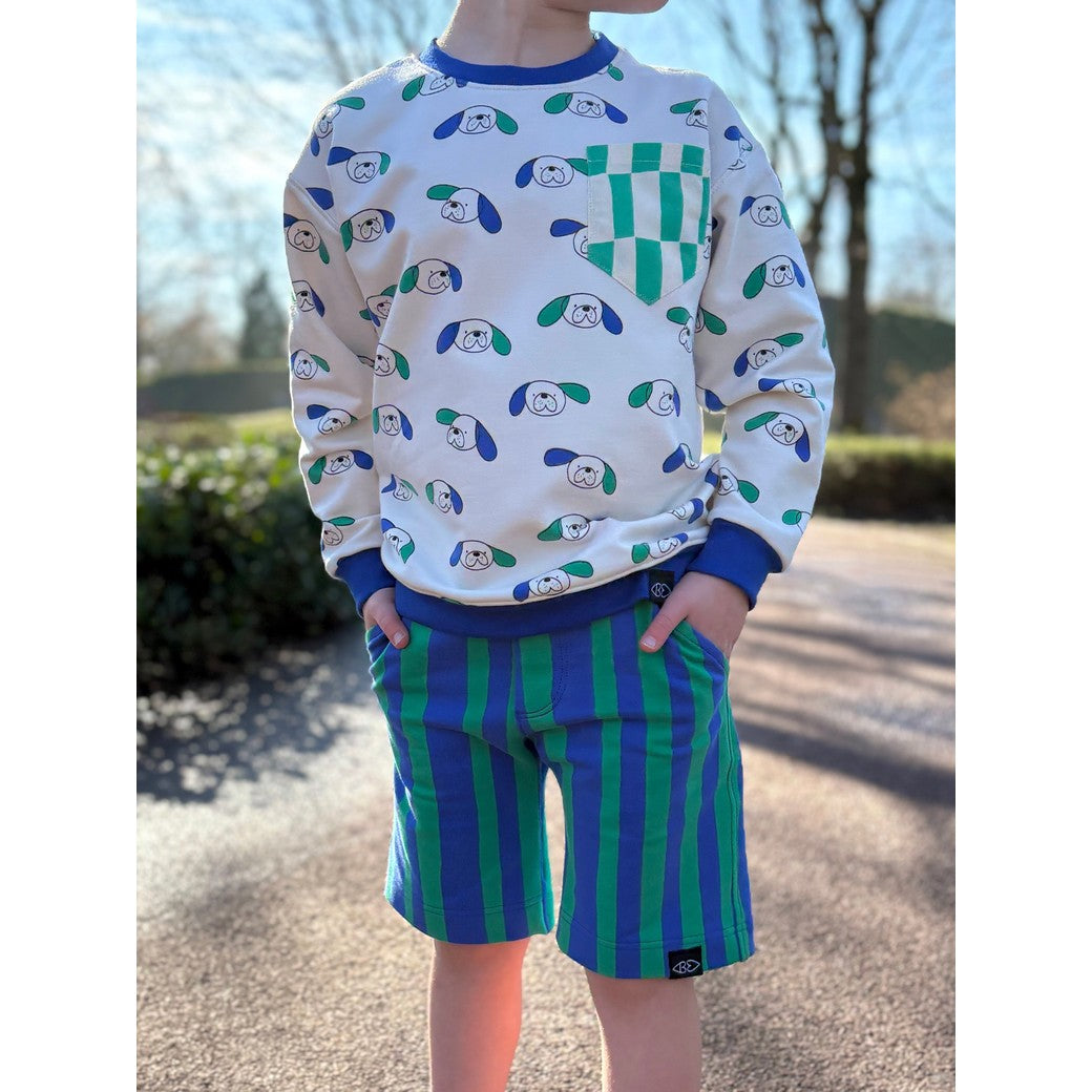 Broek gemaakt van french terry stof organic strepen blauw groen Jennifer Bouron