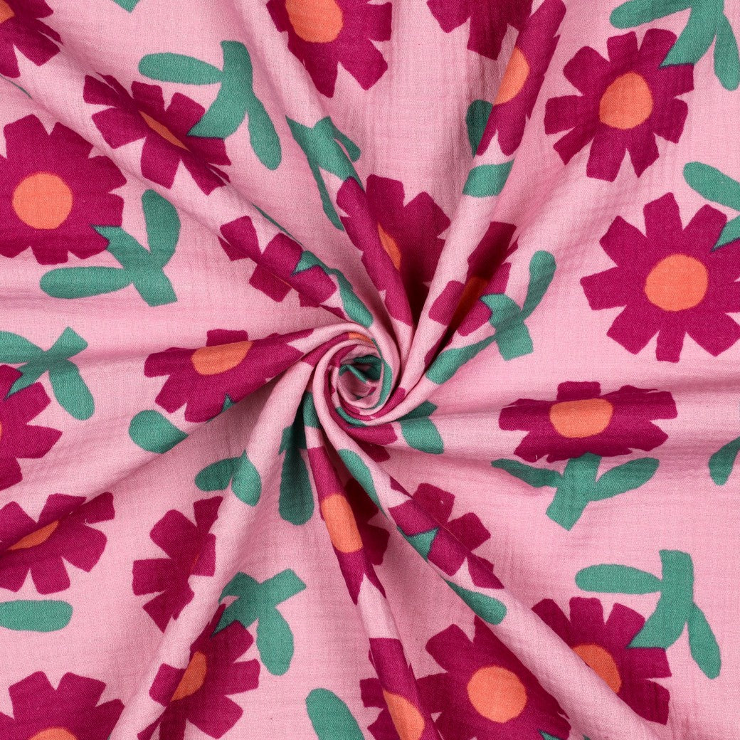 Hydrofiel katoen organic stof met roze grote bloemen print van Jennifer Bouron