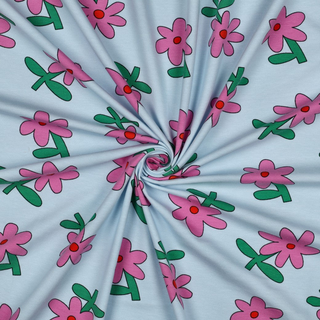 Jersey stof organic bloemen lichtblauw roze Jennifer Bouron