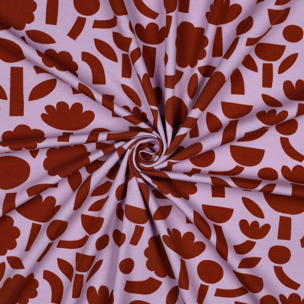 Jersey stof organic bloemen lila bruin van Jennifer Bouron