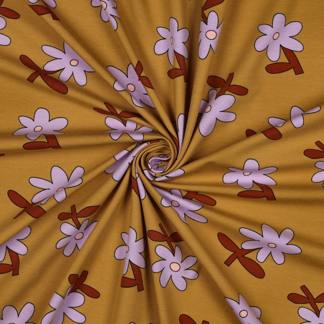 Jersey stof organic bloemen oker geel lila Jennifer Bouron
