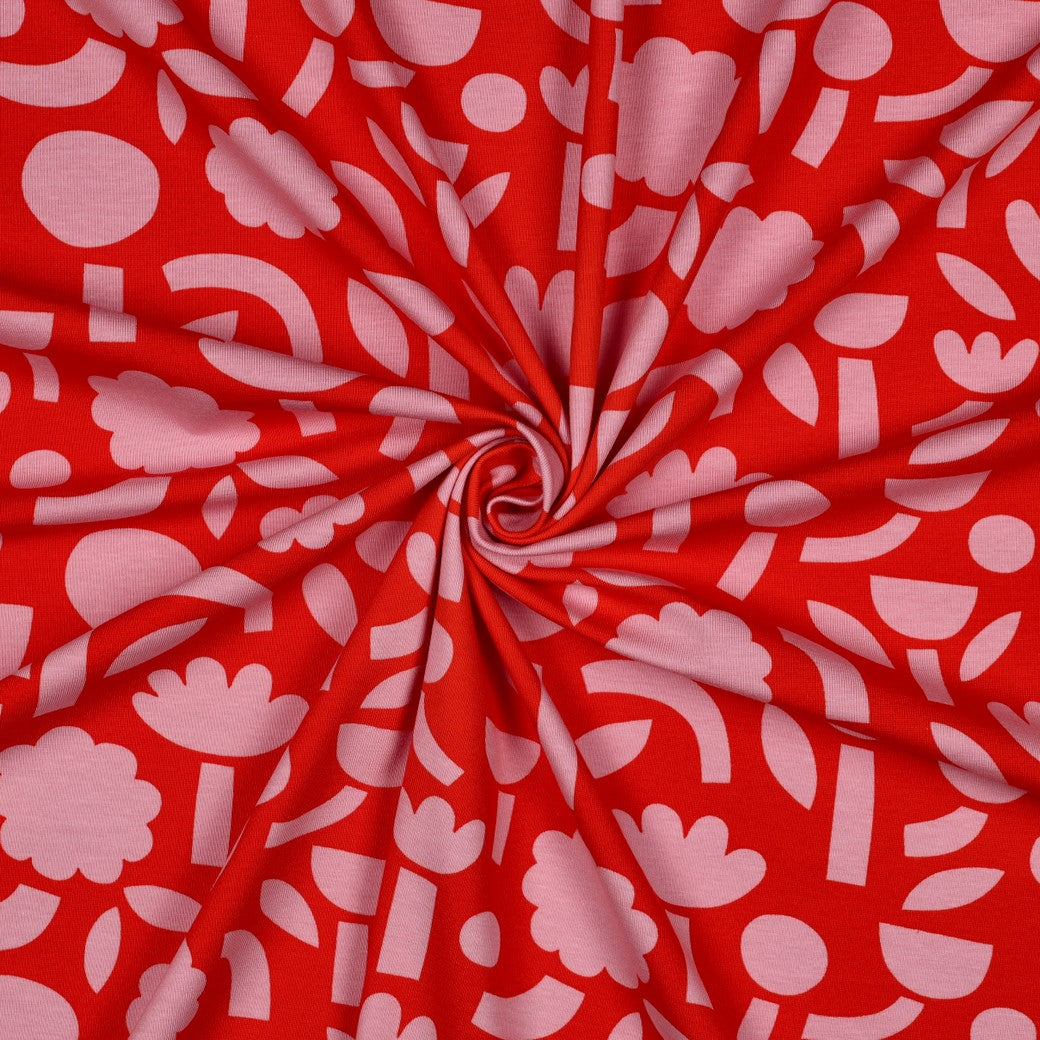 Jersey stof organic bloemen rood oranje roze Jennifer Bouron