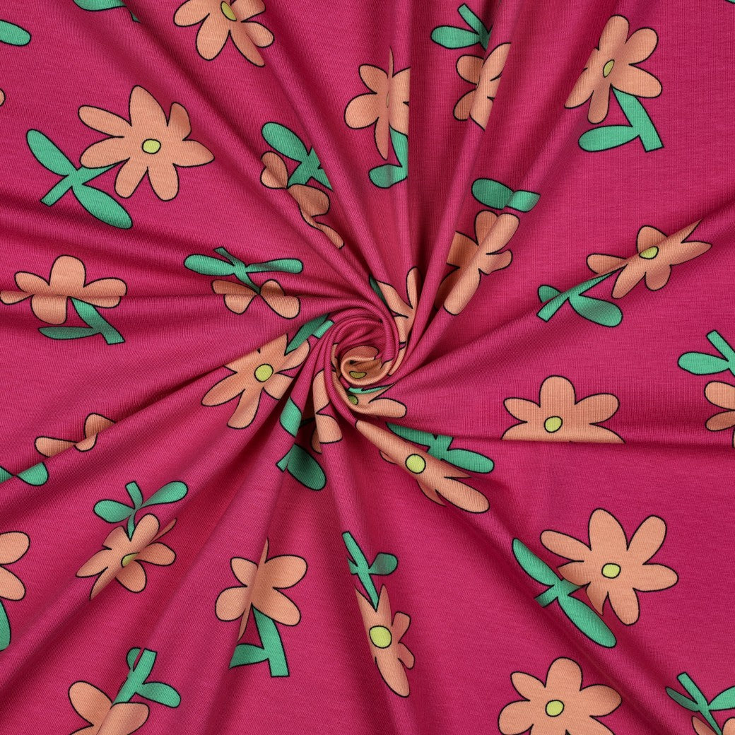 Jersey stof organic bloemen fuchsia roze oranje Jennifer Bouron