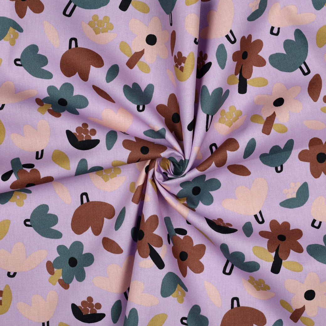 Katoen poplin organic stof met bloemen in lila van Jennifer Bouron