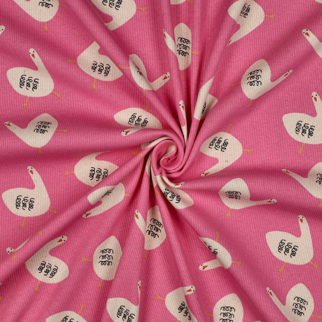 Rib jersey stof organic ganzen roze van Jennifer Bouron