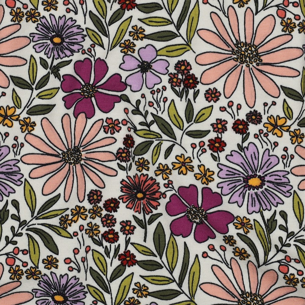 
                  
                    Tricot met bloemen in offwhite en paars of roze.
                  
                