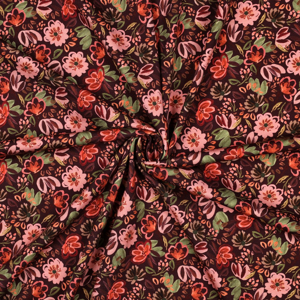 Jersey digitaal stof met bloemen in de kleur burgundy met groen