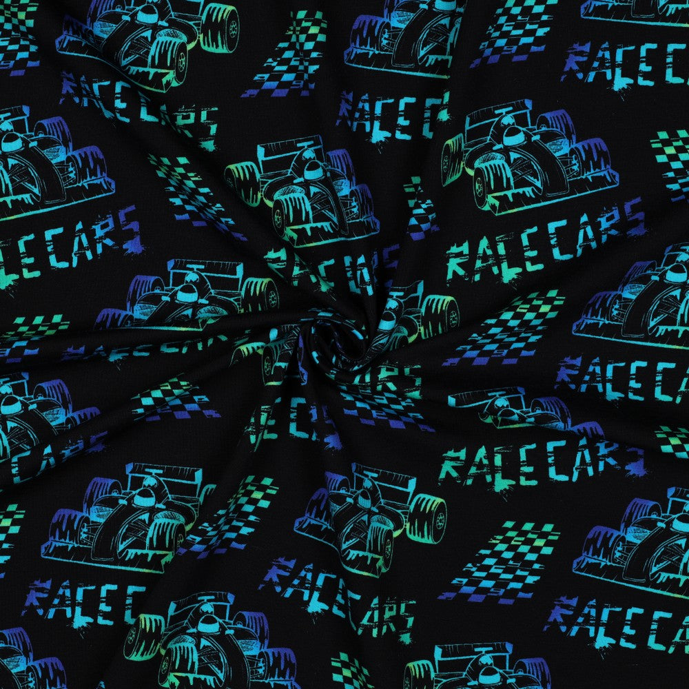 Digitaal bedrukte zwarte tricot met neon racecars.