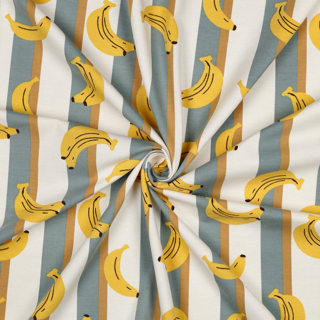 Gestreepte jersey stof met brede wit en grijze strepen en banaantjes