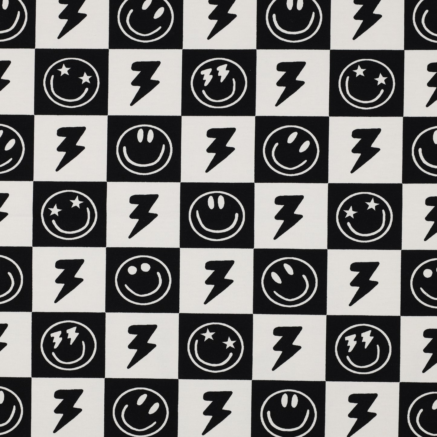 Jersey met zwart witte blokjes met smileys en bliksem voor jongenkleding.