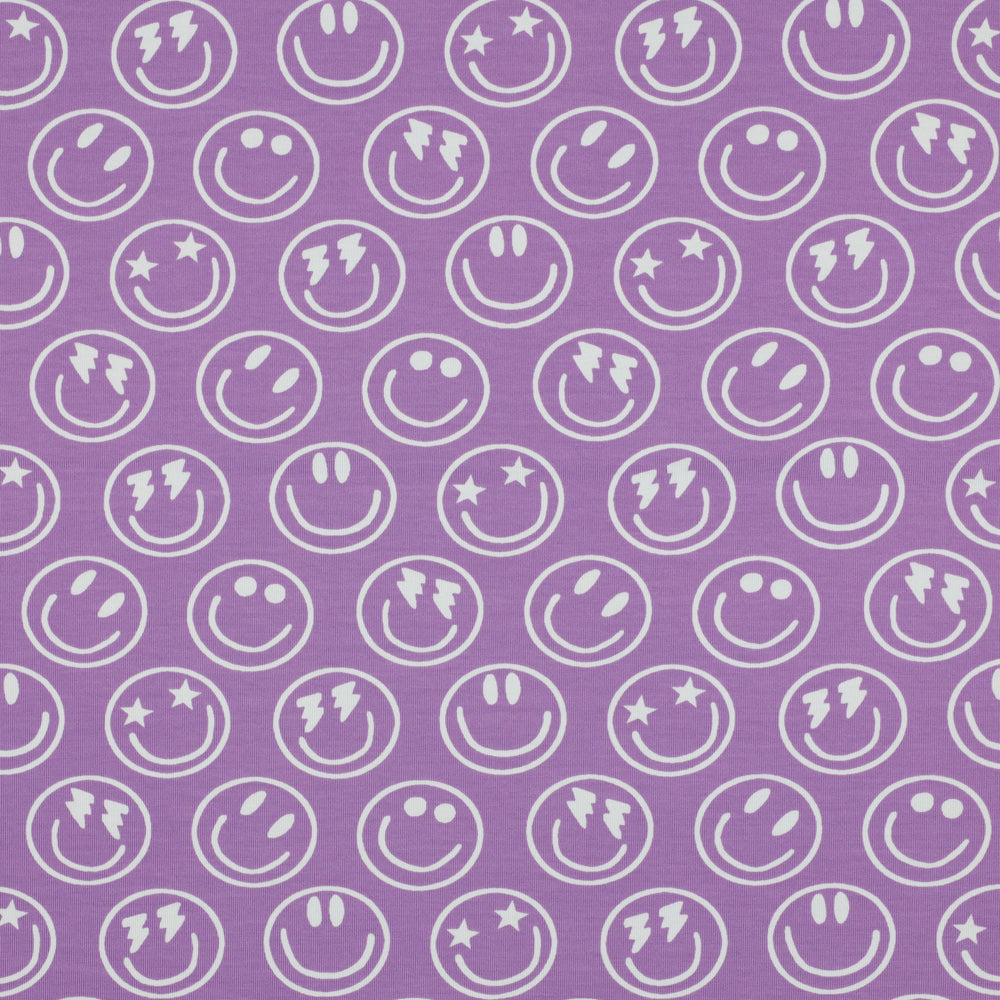 Lavendel paarse tricot met smiley voor bijvoorbeeld kinderkleding.