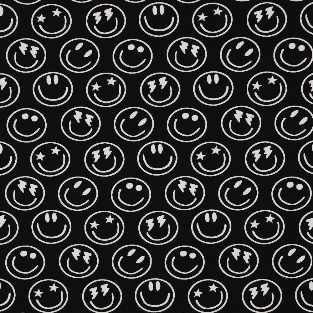 Zwarte tricot met smiley's voor bijvoorbeeld een shirt voor jongens.