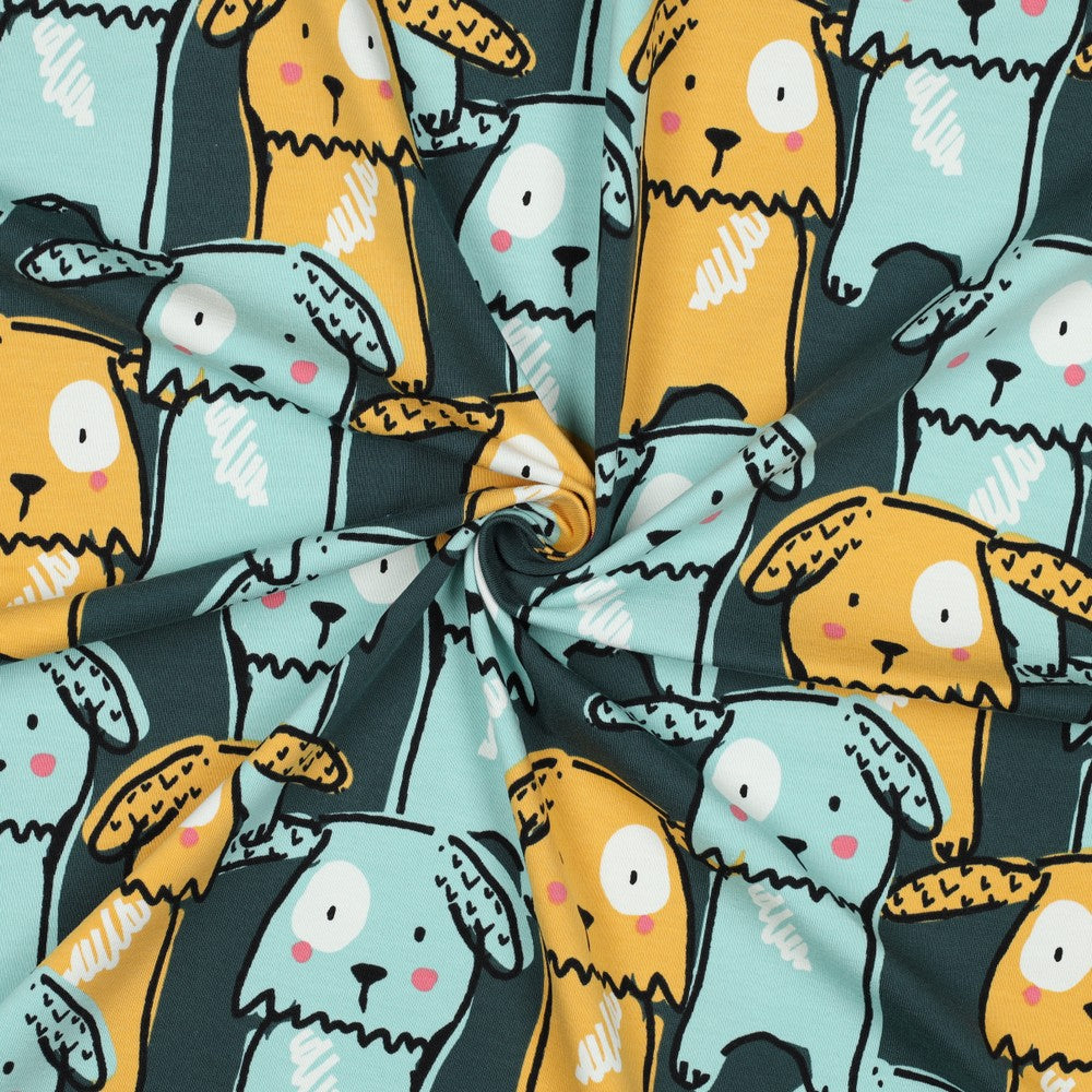 Tricot met grappige groene en gele honden voor bijvoorbeeld een shirt voor jongens.
