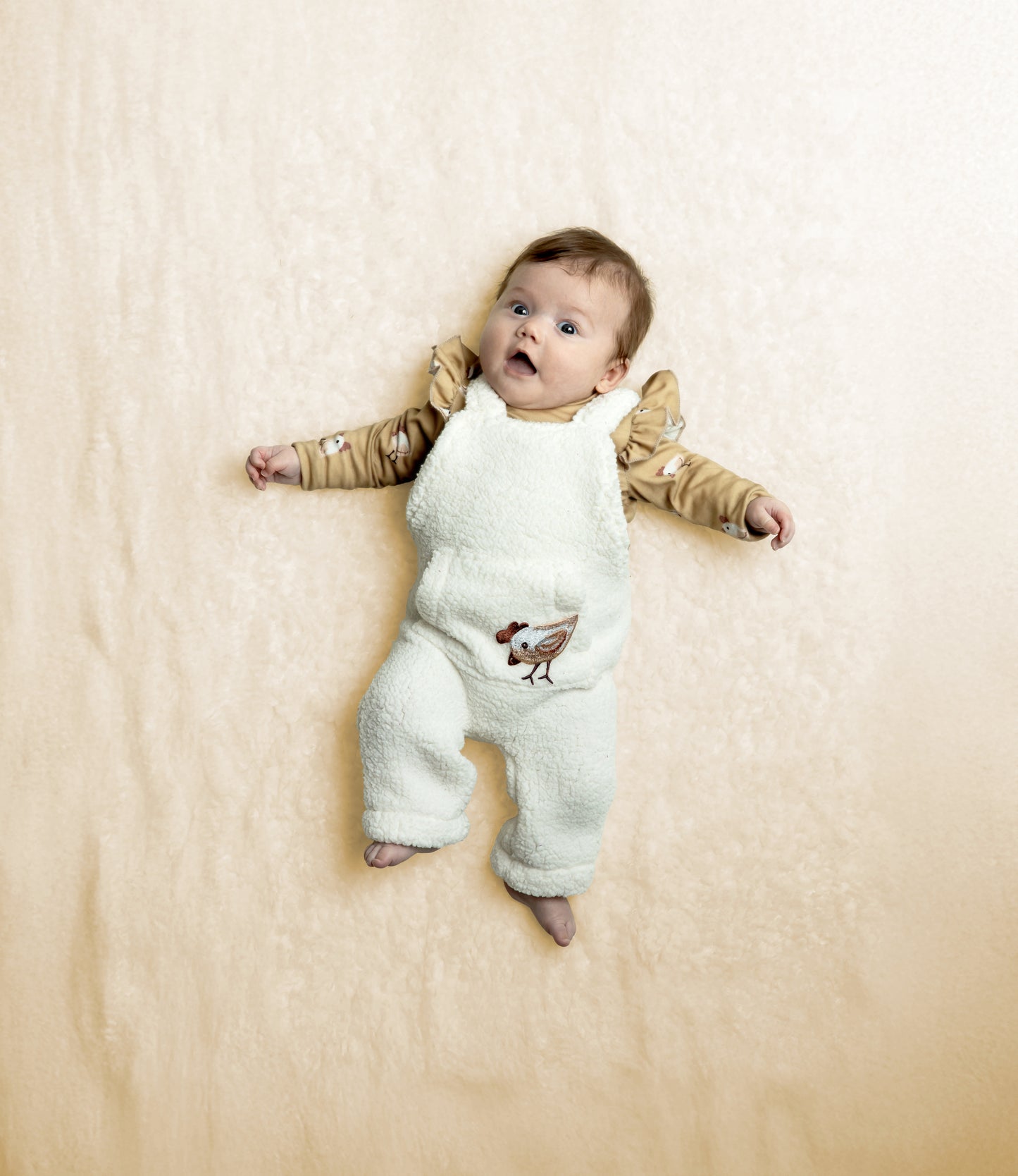 Shirtje met lange mouwen van beige jersey stof met kuikentjes er op.