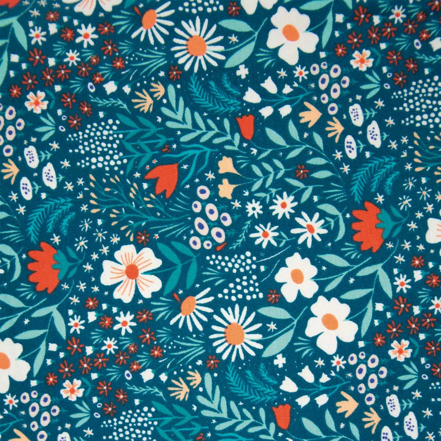 Blauwe katoen jersey met bloemen en planten.