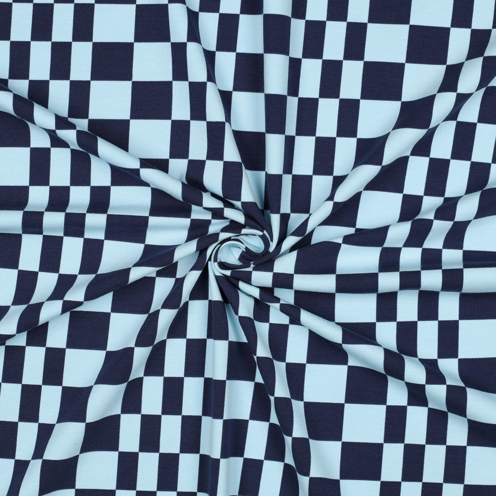 Donker en licht blauwe blokjes tricot voor stoer jongenskleding.
