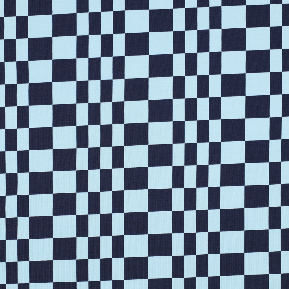 
                  
                    Licht en donker blauwe ruitjes rekbare tricot stof voor bijvoorbeeld een korte broek of tshirt.
                  
                