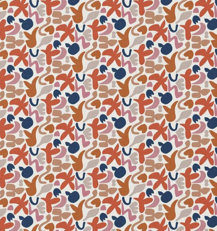Katoenen stof met all over print in de kleuren caramel roze en blauw.