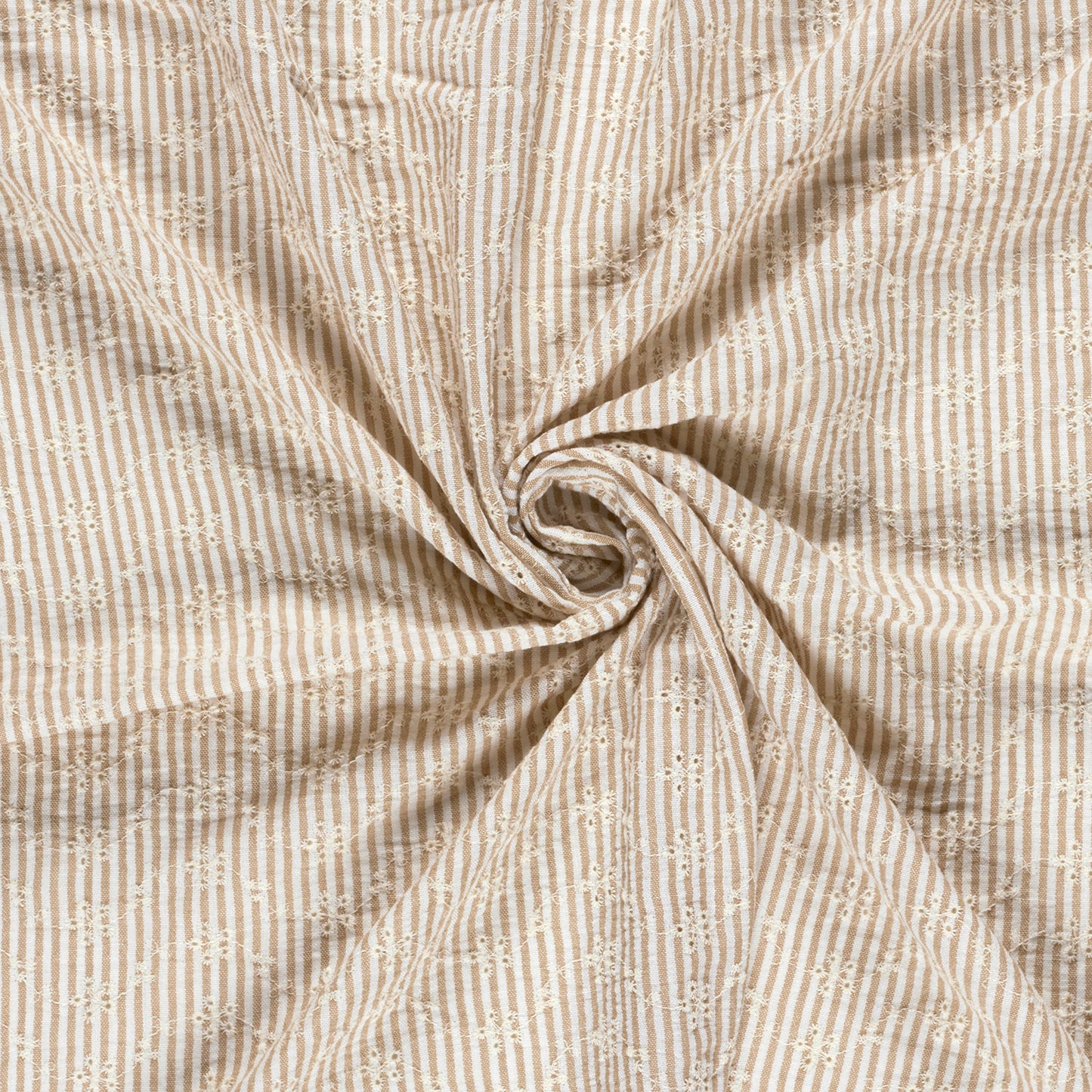 Katoenen poplin stof gestreept met geborduurde bloemetjes in beige