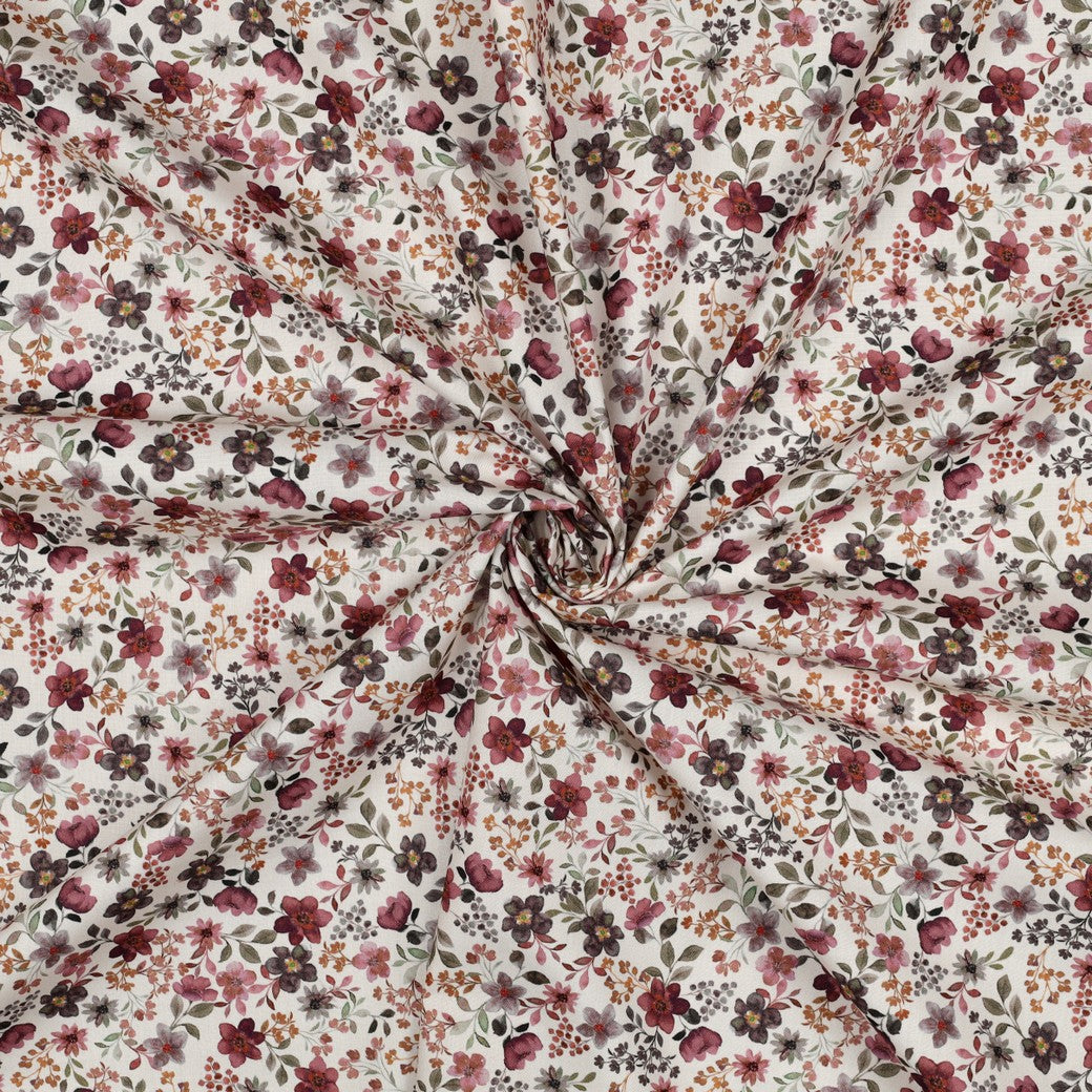 Katoen poplin stof in ecru met herfst bloemetjes