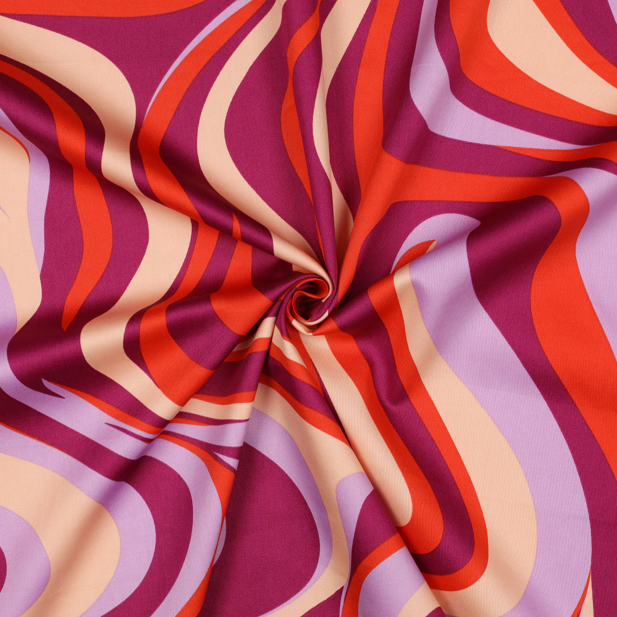 Katoen satijnen stof met abstracte lijnen in de kleuren lila rood en oranje.